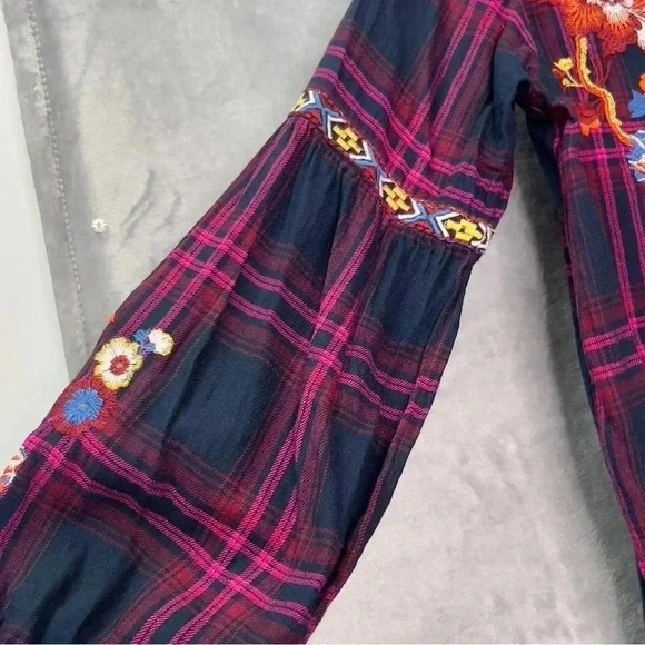 Time For Me Plaid Floral Embroidered  Balloon Sleeves Button Down Shirt Blouse L - Picture 7 of 15